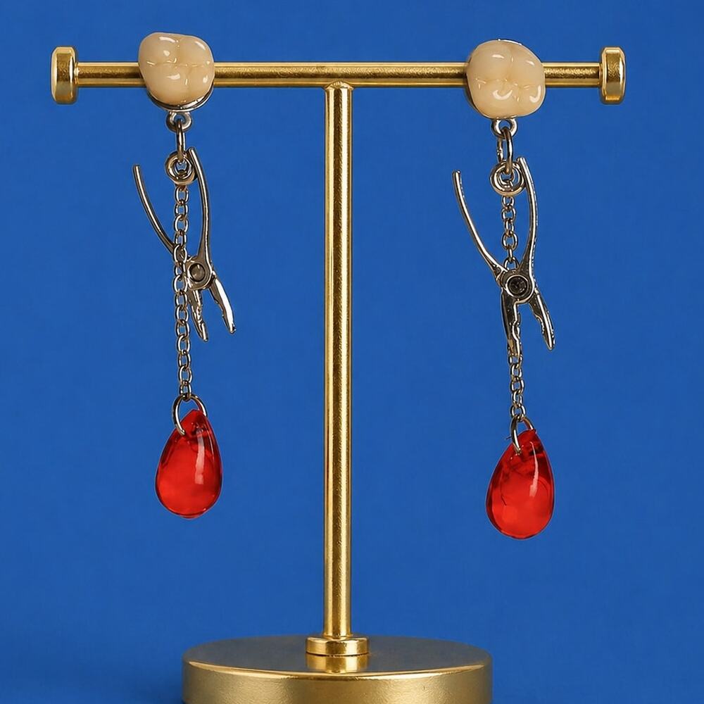 Dental Earrings Tooth Pliers and Red Blood Drop Novelty Fun